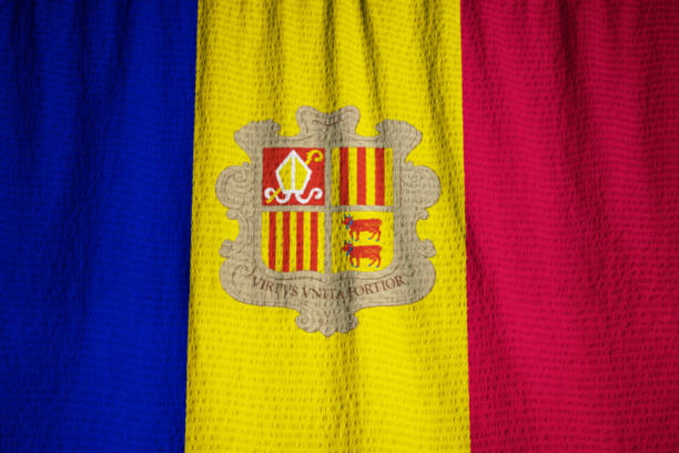 Closeup of Ruffled Andorra Flag, Andorra Flag Blowing in Wind