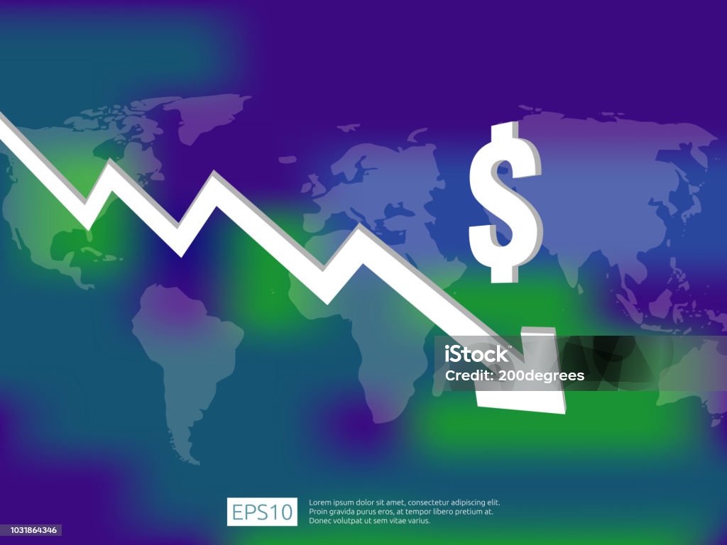 Dollar Money Fall Down Symbol With World Map And Blur Background Arrow ...