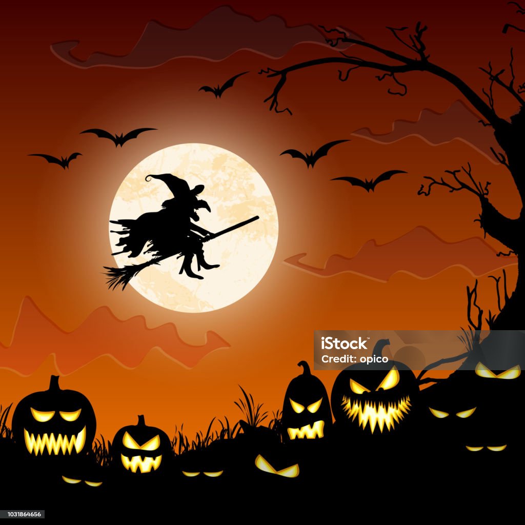 Halloween witch in front of full moon witch in front of full moon with scary illustrated elements for Halloween background layouts Abstract stock vector