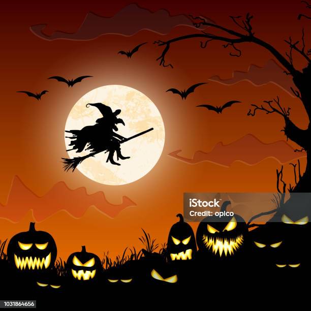 Halloween Witch In Front Of Full Moon Stock Illustration - Download Image Now - Abstract, Autumn, Broom
