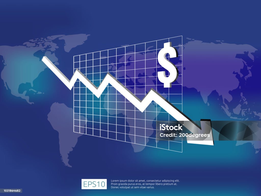 Dollar Money Fall Down Symbol With World Map And Blur Background Arrow ...