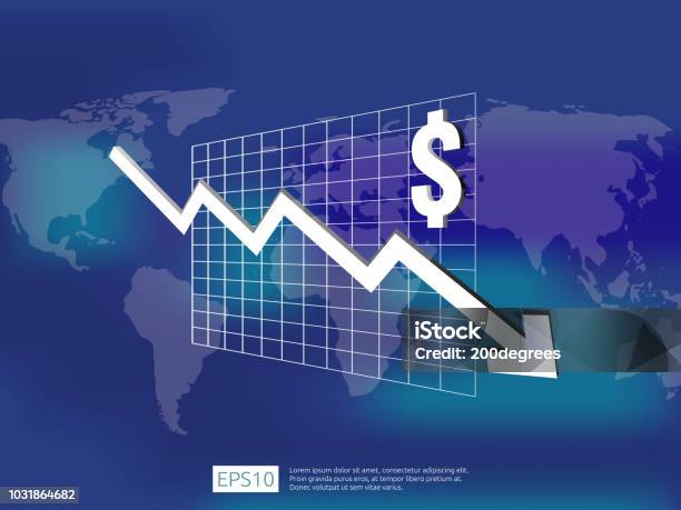 Dollar Money Fall Down Symbol With World Map And Blur Background Arrow ...