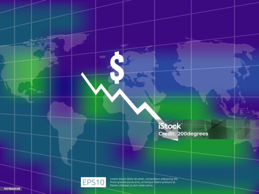 Dollar Money Fall Down Symbol With World Map And Blur Background Arrow ...