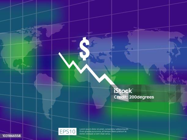 Dollar Money Fall Down Symbol With World Map And Blur Background Arrow ...