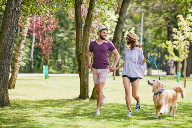 bella giovane coppia che corre nel parco con il loro cane durante l'estate - couple romance running freedom foto e immagini stock