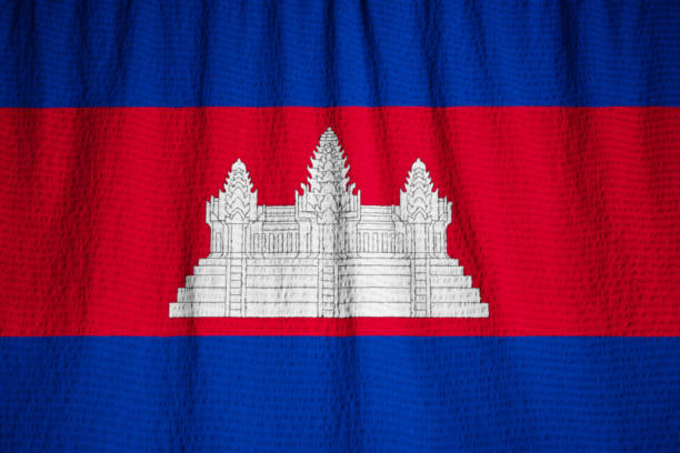 Closeup of Ruffled Cambodia Flag, Cambodia Flag Blowing in Wind
