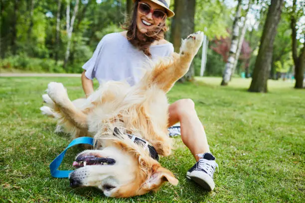 Photo of Joyful young woman playing with her dog outdoors in the park
