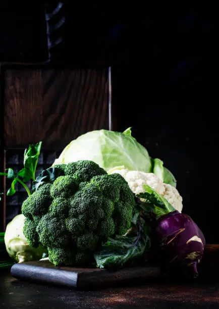 Different kinds of cabbage such as white cabbage, cauliflower, broccoli, kohlrabi on dark table, autumn harvest, selective focus