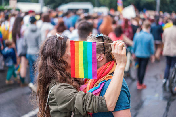 istock Female couple hiding behind rainbow flag 1031886110