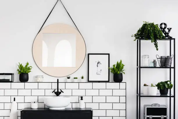 Round mirror and poster between plants in white and black bathroom interior with washbasin. Real photo