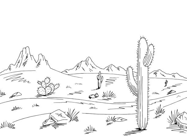 bildbanksillustrationer, clip art samt tecknat material och ikoner med prairie road grafisk svart vit ökenlandskap skiss illustration vektor - desert cactus