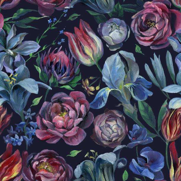 ilustrações, clipart, desenhos animados e ícones de sem costura padrão de diferentes flores e folhas em fundo azul escuro. - multi colored floral pattern acrylic painting purple