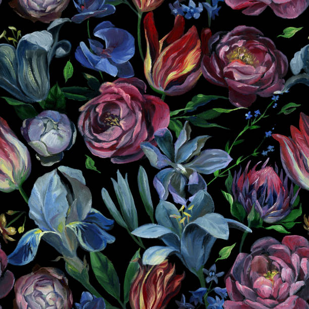 다른 꽃과 검은 배경에 나뭇잎의 완벽 한 패턴 - multi colored floral pattern acrylic painting purple stock illustrations