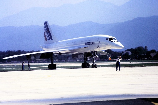 a rare visit of an Air France Concorde to the provincial airport in Klagenfurt Austria during an air show festival in 1984