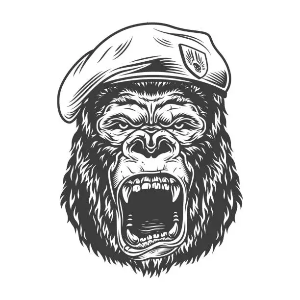 Vector illustration of Angry gorilla in monochrome style