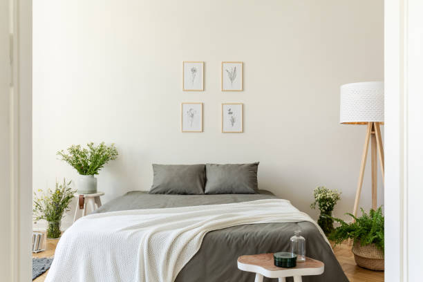 an eco friendly pastel bedroom interior with gray linen and pillows and vanilla blanket on a double bed. bunches of wild flowers in vases around the bed. nature illustrations on the wall. real photo - lead sheet imagens e fotografias de stock