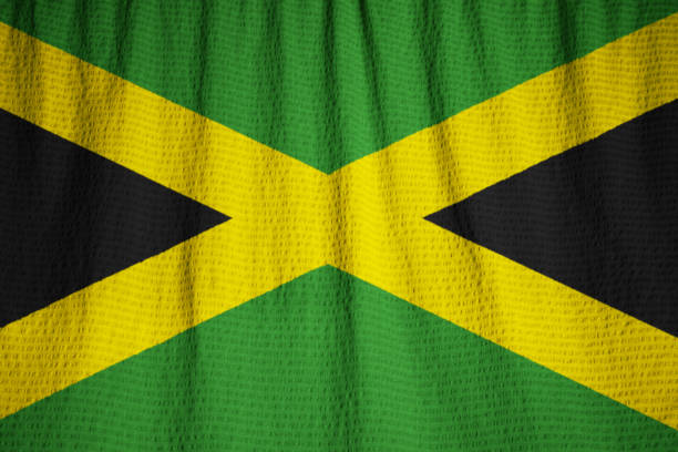 Closeup of Ruffled Jamaica Flag, Jamaica Flag Blowing in Wind