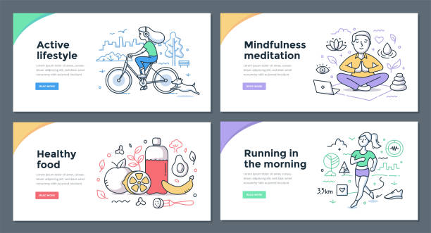Healthy Habits Color Doodles Line illustrations of healthy habits such as riding a bike, meditating with mindfulness, eating healthy food, running in the morning. Doodle vector concepts for web banners, hero images or printed materials exercise routine stock illustrations