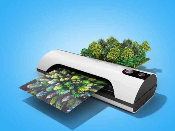 istock Modern high resolution wide format printing concept The real forest is transformed into an image passing through the printer 3d render on blue 1031909470