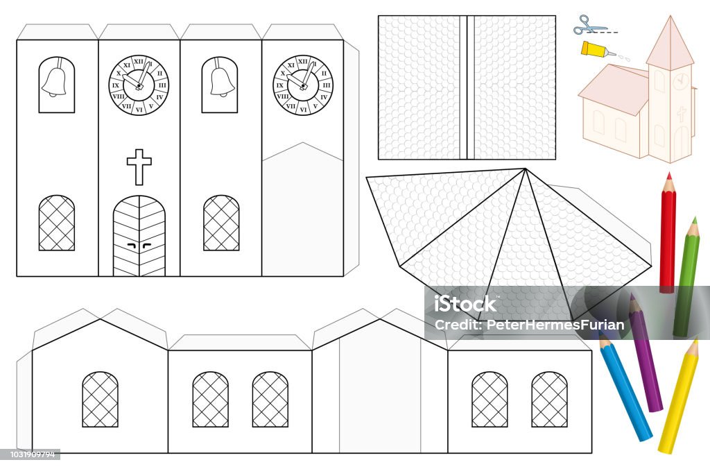 Church paper craft sheet. Unpainted cut-out template for children for coloring and making a 3d scale model church with steeple, nave, roofs, stained glass windows, door, cross, belfry, tower clock. Coloring stock vector