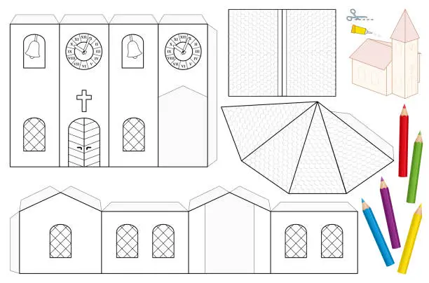 Vector illustration of Church paper craft sheet. Unpainted cut-out template for children for coloring and making a 3d scale model church with steeple, nave, roofs, stained glass windows, door, cross, belfry, tower clock.