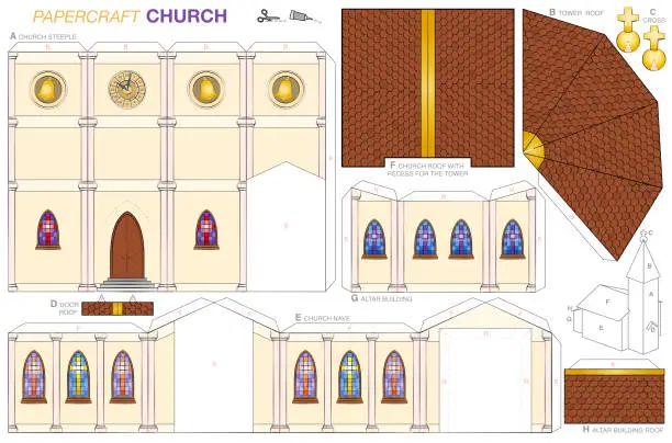 Vector illustration of Church building paper craft model. Cut-out sheet for making a detailed 3d scale model church with steeple, nave, altar extension, colorful windows, belfry, tower clock, shingle roofs and golden cross.