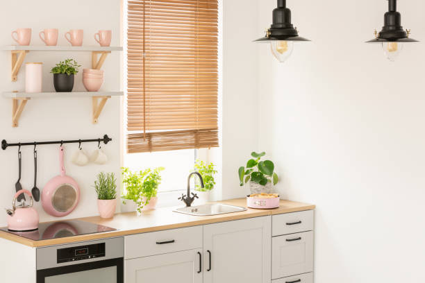 istock Plants on wooden countertop in kitchen interior with blinds, lam 1031913172