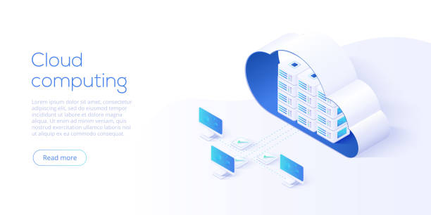 ilustrações de stock, clip art, desenhos animados e ícones de cloud storage download isometric vector illustration. digital service or app with data transfering. online computing technology. 3d servers and datacenter connection network. - cloud server