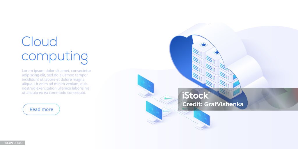 Cloud storage download isometric vector illustration. Digital service or app with data transfering. Online computing technology. 3d servers and datacenter connection network. Cloud Computing stock vector