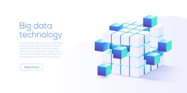 technologie velkých objemů dat v izometrické vektorové ilustraci. informační úložný a analytický systém. šablona vstupní stránky webu digitální technologie. - blockchain stock ilustrace