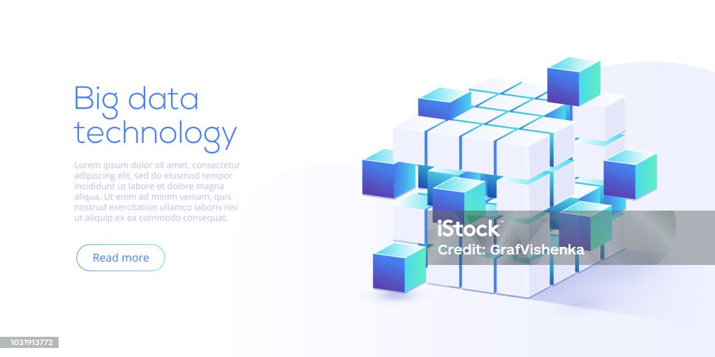 Big data technology in isometric vector illustration. Information storage and analysis system. Digital technology website landing page template. Blockchain stock vector