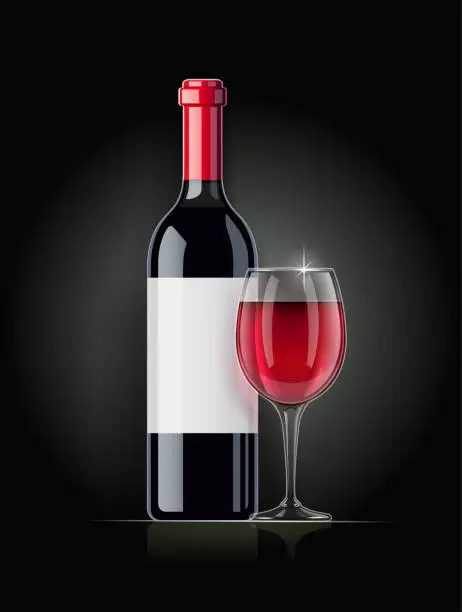 Vector illustration of Red Wine bottle and wineglass. Concept design for wines menu.
