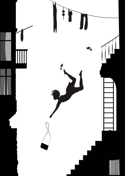 illustrazioni stock, clip art, cartoni animati e icone di tendenza di ragazza fashinable sui tacchi alti che cadono dalle scale, silhouette di vettore ragazza cadente - cleaning silhouette people residential district