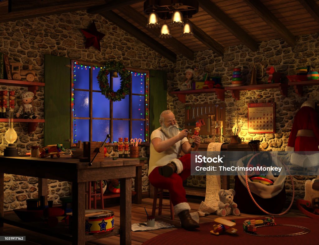 Santa's Workshop High resolution digital image of Santa working in his workshop. Image shows a physically robust Santa Claus sitting on a wooden stool, carefully painting a toy soldier, with a can of paint sitting on the floor beside him. All about him are the various toys he has been creating, and his naughty and nice list is spilling off his workbench, onto the floor.  Santa's coat hangs on a hook on the wall, and he is working in his undershirt. The calendar on the wall shows it is almost Christmas eve. Santa Claus Stock Photo
