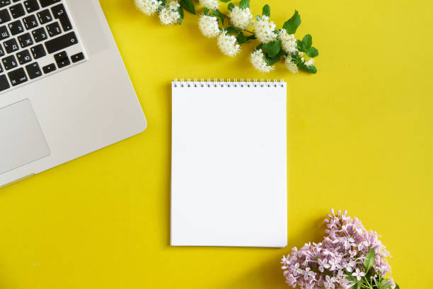 istock Minimalistic flatlay with flowers and notebook on colorful background with copy space. Female blogger concept 1031932060