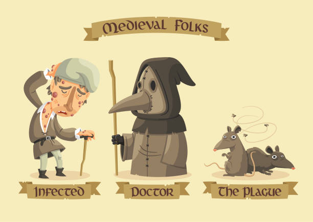 Medieval characters set //Medieval Black Plague set: an infected man with painful buboes, a masked doctor and a group of rats carrying the plague. epidemic stock illustrations