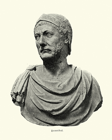 Vintage engraving of a Ancient Bust of Hannibal a Carthaginian general, considered one of the greatest military commanders in history.