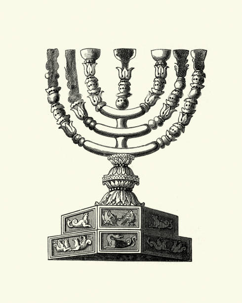 Vintage engraving of the Ancient Menorah of the Temple. described in the Bible as the seven-lamp (six branches) ancient Hebrew lampstand made of pure gold and used in the portable sanctuary set up by Moses in the wilderness and later in the Temple in Jerusalem.