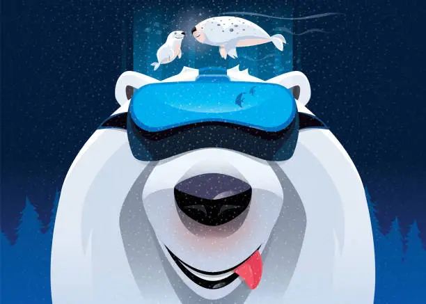 Vector illustration of polar bear watching seals with VR goggles