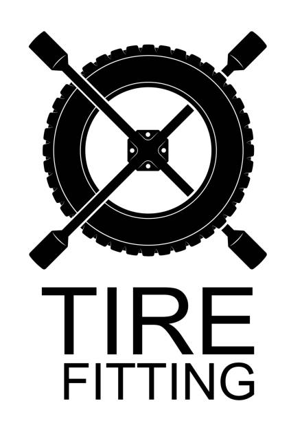 logo untuk fitting ban, servis mobil atau toko ban. lambang ban dan spanner sederhana hitam. - tyre garage ilustrasi stok