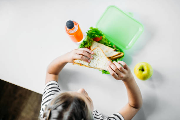 top view of schoolgirl eating sandwich from lunch box - child food school children eating imagens e fotografias de stock