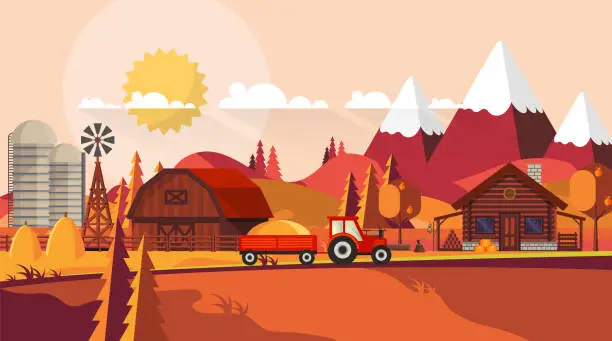 Vector illustration of Flat illustration of Countryside Farm Landscape in Autumn. Vector Design.