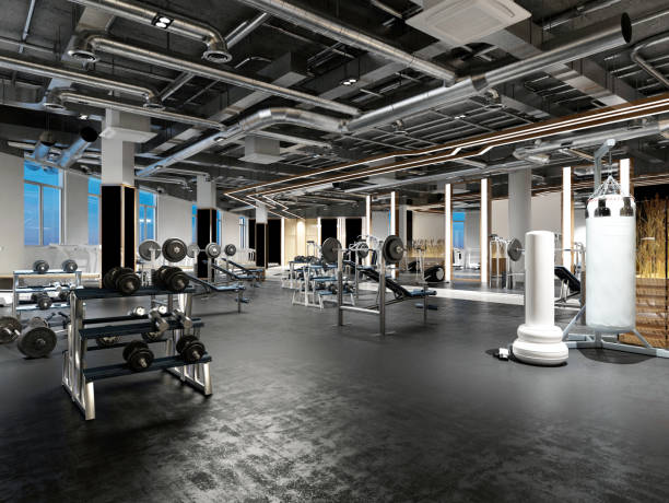 3d render fitness gimnasio salón - aparatos para hacer ejercicio fotos fotografías e imágenes de stock