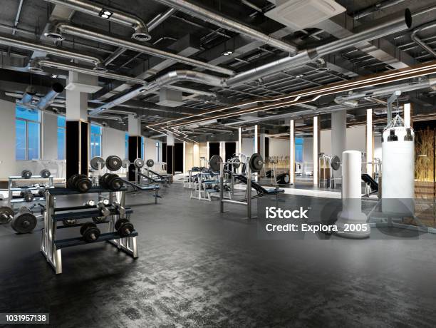 3d Render Fitness Gimnasio Salón Foto de stock y más banco de imágenes de Gimnasio - Gimnasio, Gimnasio escolar, Interior