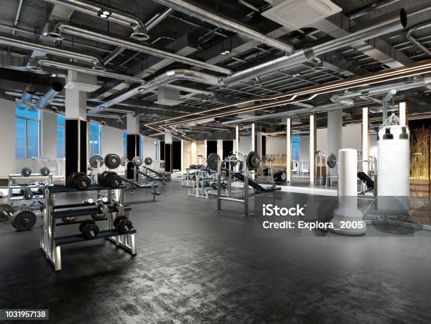 3d Render Fitness Gym Saloon Stock Photo - Download Image Now - Gym, School Gymnasium, Indoors