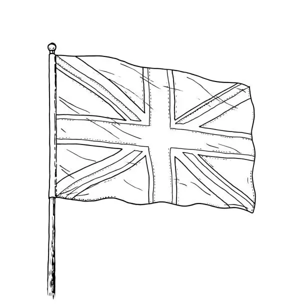 Vector illustration of Flag of United Kingdom drawing - vintage like illustration of triple colour flag. Contour on white background.