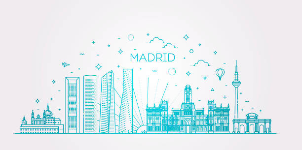 ilustraciones, imágenes clip art, dibujos animados e iconos de stock de skyline de madrid, españa. ilustración de vector, arte de línea - madrid