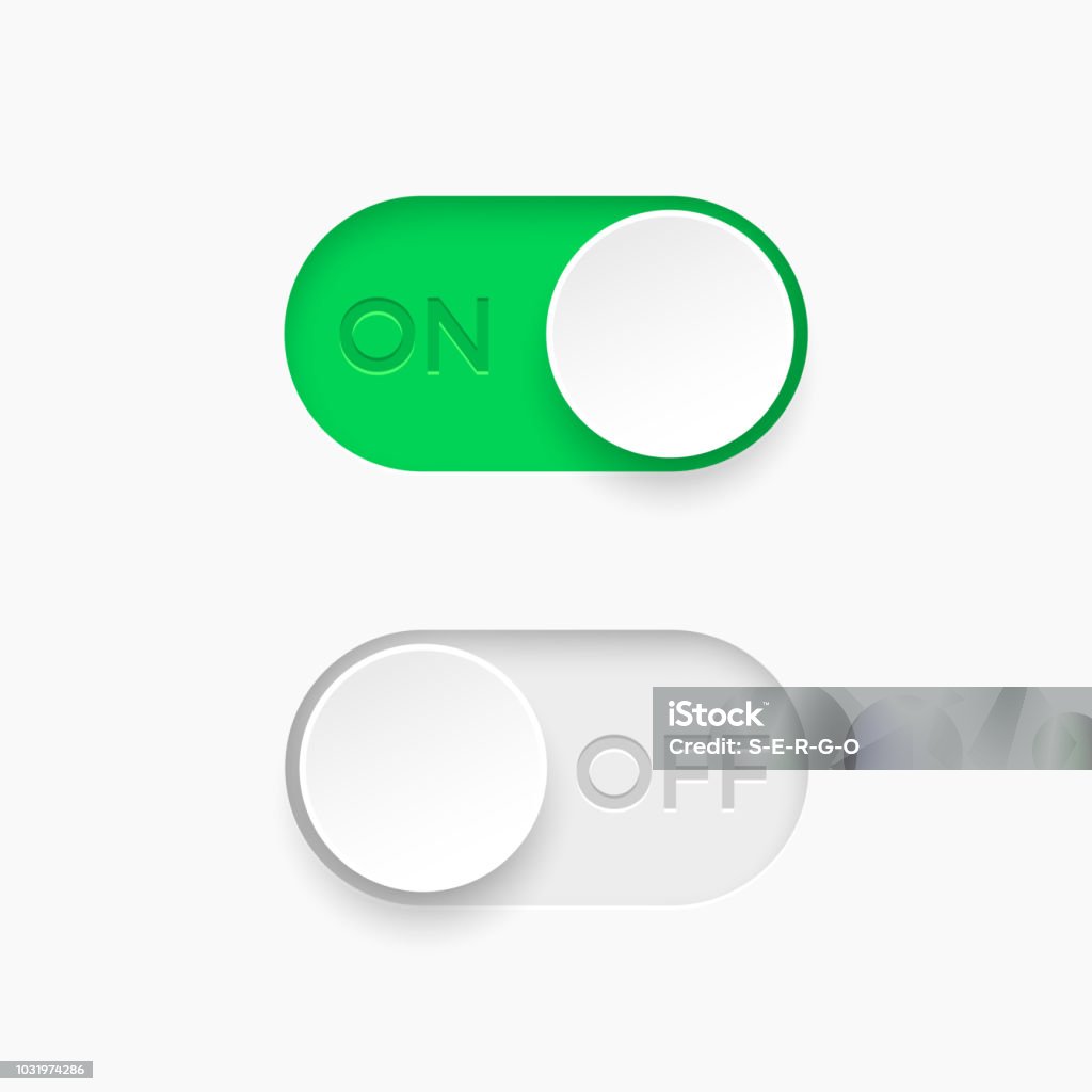 On and Off toggle switch buttons. Material design switch  buttons set. Vector illustration. Turning On Or Off stock vector