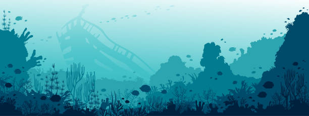 illustrations, cliparts, dessins animés et icônes de épave sous-marine, récif corail, poissons et mer. - sunken