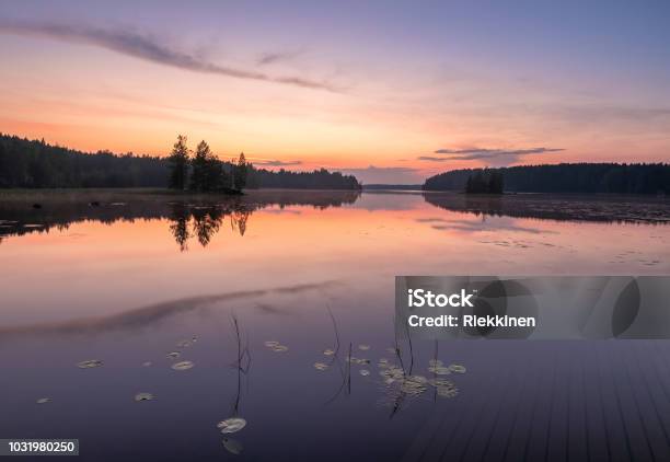 Peaceful View With Sunset Lake And Standing Water At Summer Night In Finland Stock Photo - Download Image Now